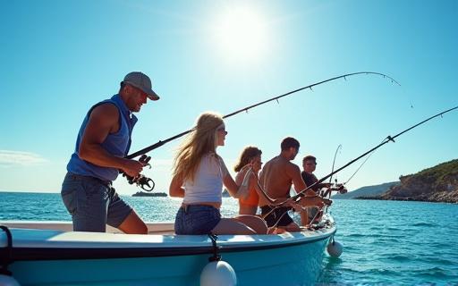 보트 위에서 낚시를 즐기는 사람들의 그룹