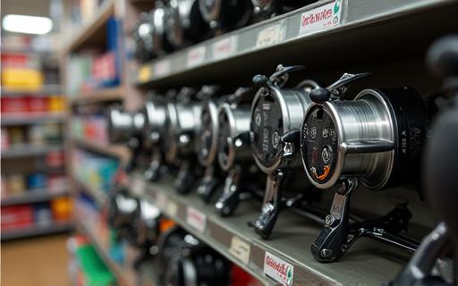 선반에 진열된 다양한 낚시 릴