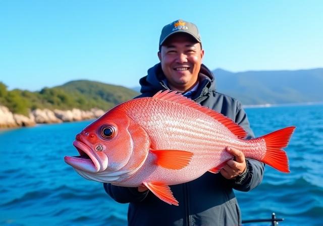 낚시꾼이 제주 바다에서 큰 참돔을 들고 있는 모습