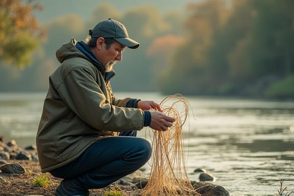물결항해 설립자가 강가에서 낚시 장비를 점검하는 모습